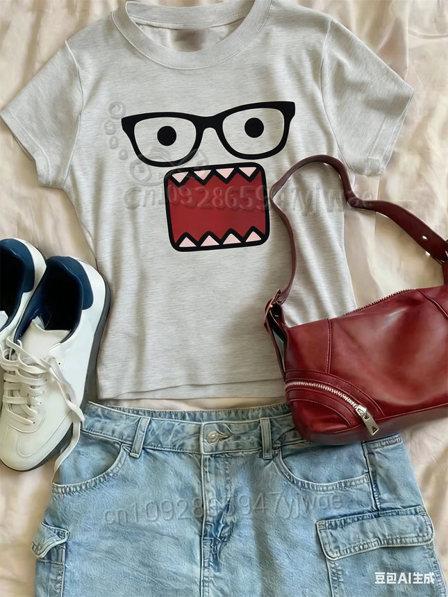 Girl Cute Casual Funny Girl Kpop Glasses Graphic Tee Pink Short Sleeve O-Neck Summer Top Women'S Fashion Streetwear Y2k T-Shirt