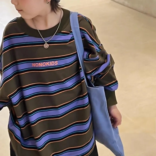 Boys Long Sleeved T-shirt for Spring and Autumn Korean Version Loose Casual Striped Top Mid Size Childrens Autumn Outfit