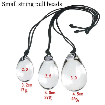 Small to Large Oval Beaded Anal Plug with Reinforced Rope Pull Ring - Transparent Glass Anal Trainer for BDSM Play and Personal