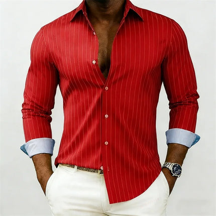 New men's striped shirt, outdoor street style, business casual, lapel collar, long sleeves, versatile and fashionable men's top.