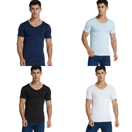 4Pcs Summer Ice Silk Men T-Shirt Vest Men's No Trace Sports Short Sleeve T-shirt Solid V-neck Tees Quick Dry Shirt Tops Fitness