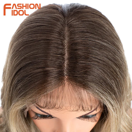 FASHION IDOL 28 Inch Body Wave Lace Front Wigs Synthetic With Baby Hair Wigs For Women Ombre Blonde Higlight Lace Wigs Cosplay