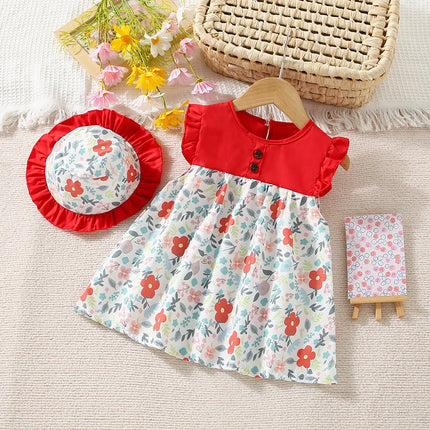 New Summer Baby Girl Floral Dress Girl Sleeveless Pure Cotton Newborn Birthday Dress Comes with Sun Hat