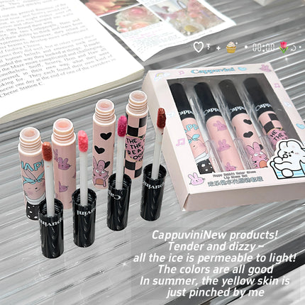 Four Color Happy Rabbit Water Gloss Lip Glaze Set Light and Smooth Texture Moisturizing Easy to Color Lip Gloss Lipstick