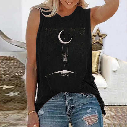 Seeyoushy New Funny Skeleton Travel Around Space Print Women T-shirts Round Neck Loose Summer Tee Shirt Sleeveless 90s Tops
