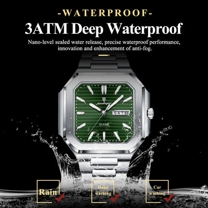 POEDAGAR Luxury Square Male Watch Waterproof Luminous Date Week Quartz Watches For Men Stainless Steel Fashion Men's Clock Reloj