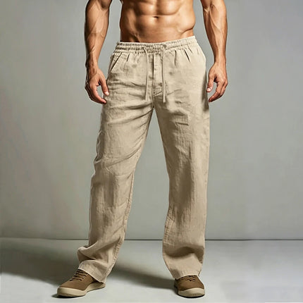 Men's Cotton Linen Casual Pants Solid Color Breathable Lightweight Elastic Waist Casual Basic Dailywear Male Classic Long Pants