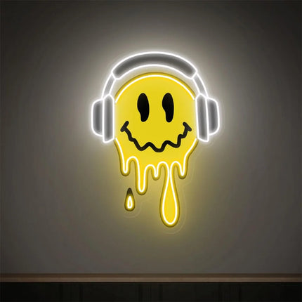 Happy Face Neon Sign Melting Happy Face With Headphone Neon UV Printing Acrylic Sign Bedroom Game Room Bar Art Wall Decor Kids G