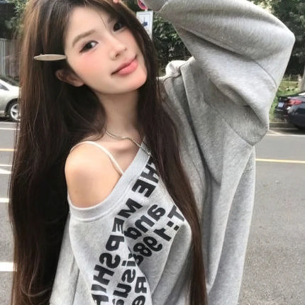 Y2k Sexy Oversize T shirt Women Streetwear Txt Print Long sleeve Basic Top Lady Fall Winter Korean One shoulder Sweat Shirt