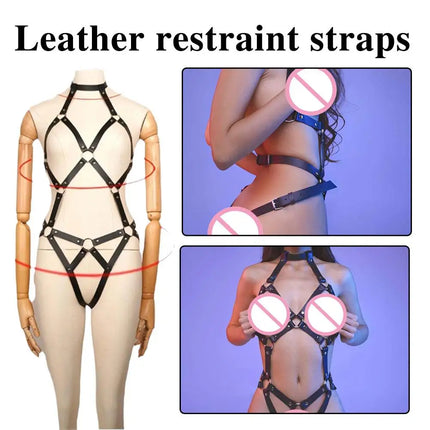 Leather BDSM Harness Lingerie Set Gothic Fetish Bra Suspenders Bodysuit for Women Erotic Wear