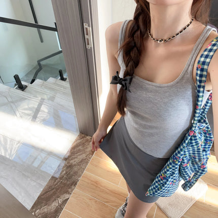 Women's Vest with Built-in Bra Pad Elastic Ribbed Square Collar Csole Tank Top ort Length  Color Versatile Summer F...