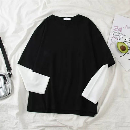 Nouveau Harajuku Noir Blanc Rayé Y2K Manches Longues Couleur Unie T-shirts Hommes Femmes Automne Faux Deux Pièces Manches Longues T-shirt Ample