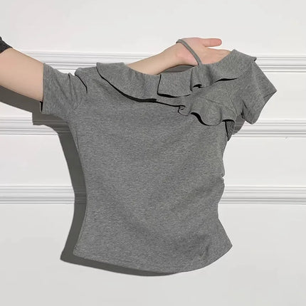 2026 New Style Ruffle Sloping Shoulder Short-sleeved T-shirt Sexy Exposed Collarbone Unique Design Top for Women