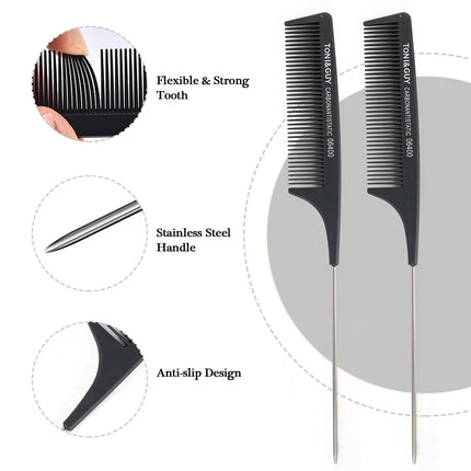 Black Rat Tail Comb Steel Pin Rat Tail Carbon Fiber Heat Resistant Teasing Combs with Stainless Steel Pintail Hair Styling Tools
