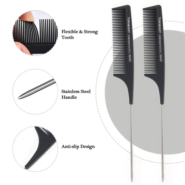 Peigne à queue de rat noir avec épingle en acier, peignes à crêper en fibre de carbone résistants à la chaleur avec épingle à queue en acier inoxydable, outils de coiffure