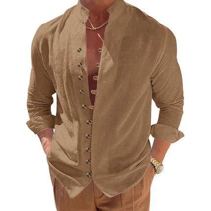 Men's Cotton Linen Shirt Men's Casual Loose Fit Long Sleeve Vintage Retro Button Down Shirt Hawaiian Beach Shirt