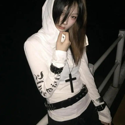 Seeslim Hooded Print Letter Graphic T Shirts Woman Clothes Youthful Long Sleeve 2000s Clothes Y2k Tees Female Clothing Autumn