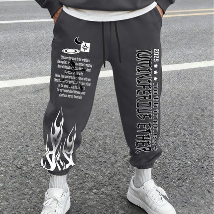 Men Retro Gothic Vertical Letter Flame & Planet Graphic Joggers Elastic Cuff Cozy Loose Fit Urban Casual Street Sweat Pants