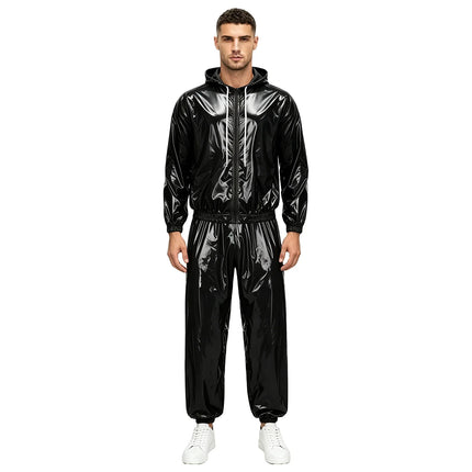 Men Waterproof Glossy Jacket Tops with Jogging Pants Hip Hop Dance Dancewear Outdoor Activities Raincoat Windbreak Streetwear