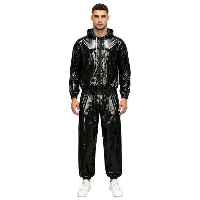 Men Waterproof Glossy Jacket Tops with Jogging Pants Hip Hop Dance Dancewear Outdoor Activities Raincoat Windbreak Streetwear