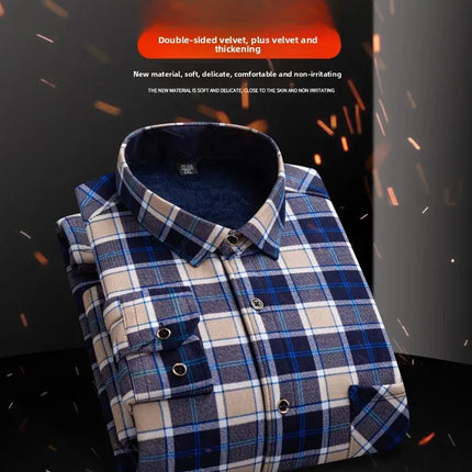 Thickened Fleece Men's Casual Shirt Warm Plaid Set Winter Wear Comfortable Breathable Fashionable Chinese Brand Clothing