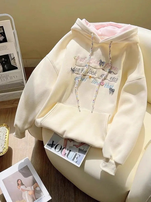 2025 Spring New Sweet Lace Splicing Embroidered Hoodie Women Clothing Plush Korean Fashion Chic Casual Sweatshirt Women Tops