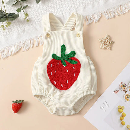 FOCUSNORM 0-12M Infant Baby Girls Boys Cute Overalls Romper Sleeveless Rainbow/Strawberry Embroidery Square Neck Ribbed Jumpsuit