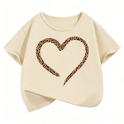 Love Heart Leopard Print Fashion T Shirts Y2k Kids Children's T-shirt Boys Girls Summer Spring Casual Top Tee Shirt