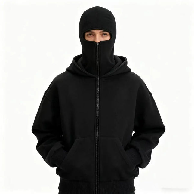 Balaclava Men Zip Hoodie Winter Warm Casual Sweatshirt Y2K with Hooded Face Mask Zipper Design Sports Jacket Outdoor Activities
