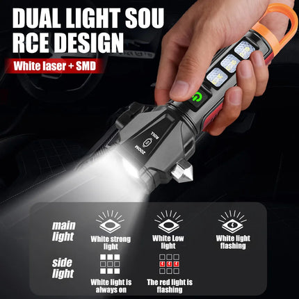 Tactica LED Flashlight w/ Safety Hammer & Seatbelt Cutter, SOS Red Strobe,Rechargeable Survival Gear for Outdoor EDC Defense