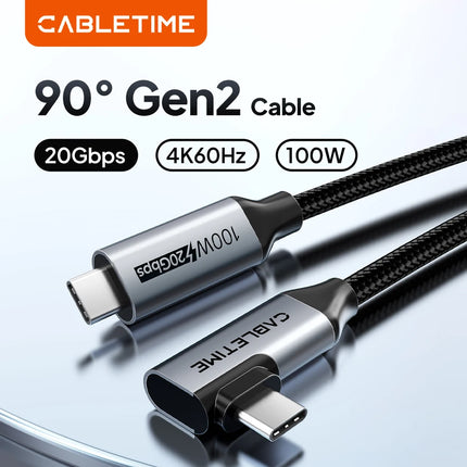 CABLETIME USB C to USB C Cable USB 3.2 Gen 2 20Gbps 90 Degree PD 100W 4K 60Hz Video Fast Charging for iPhone 16 Macbook Pro iPad