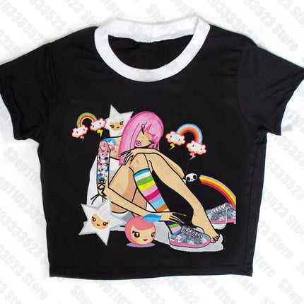 2000s E-girl Goth Women Vest Tank Top Aesthetic Streetwear Vintage Casual Short Sleeve T-Shirts Punk Y2k Style Clothes Baby Tees