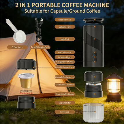 20 BAR Portable Electric Coffee Maker Capsule 2 in 1 Coffee Grinder Travel Coffee Maker for Car and Home Camping Outdoor