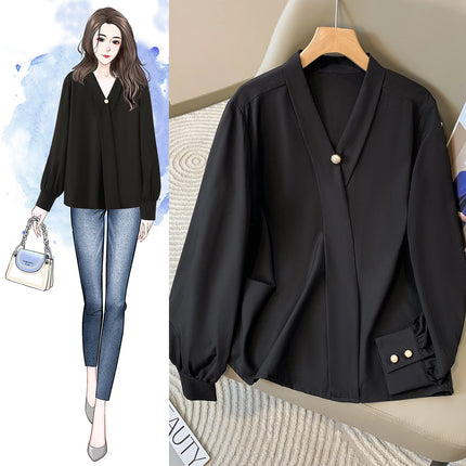Plus Size Chiffon Shirt Women 2024 Autumn V Neck Elegant Black Or White Shirt For Women Korean Style Large Size Blouses Female