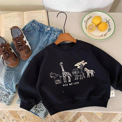 Beige Sweatshirts Spring/Autumn Wear For Kids Cartoon Animals Print Long Sleeve Simple Casual Round Neck Tops Children Clothes