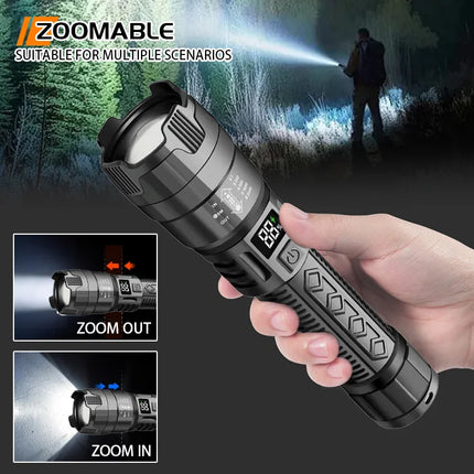 High Strong Power Led Flashlights Bright Tactical Torch with Display Light Rechargeable Camping Fishing Emergency Zoom Lantern