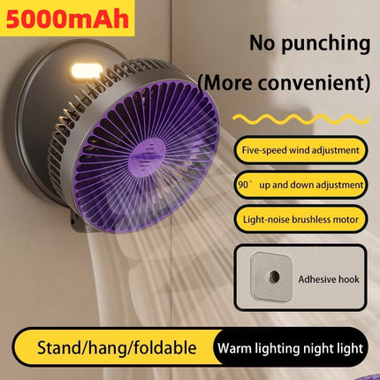 5000mAh 3IN1 Rechargeable Multifunctional Portable Fan Wall Mounted Fan 90° Folding Fan 4 Gears With Warm Night Light New 2025