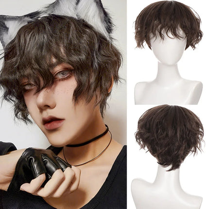 Short hair synthetic men's role-playing wig heat-resistant fireworks perm short curly hair natural black daily wig