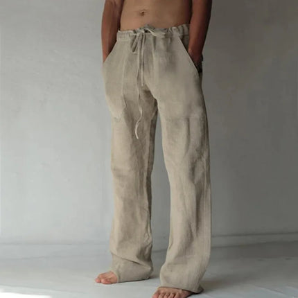Mens Casual Pants Daily Wear Solid Summer Full Length Soft Linen Pants Mid Waist Pocket Drawstring Trousers Streetwear Bottoms ﻿