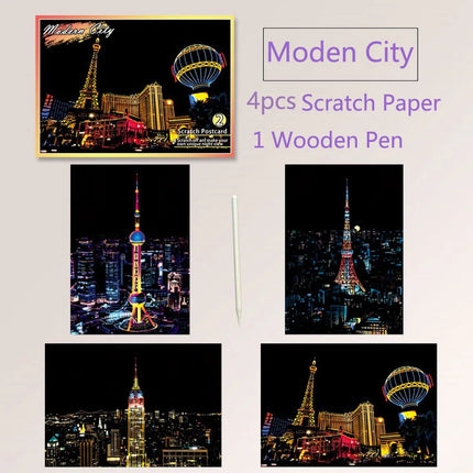 20*14cm Scratch Rainbow Magic Painting Paper Toy World City Attractions Series For Children DIY Drawing Adult Decompression Gift