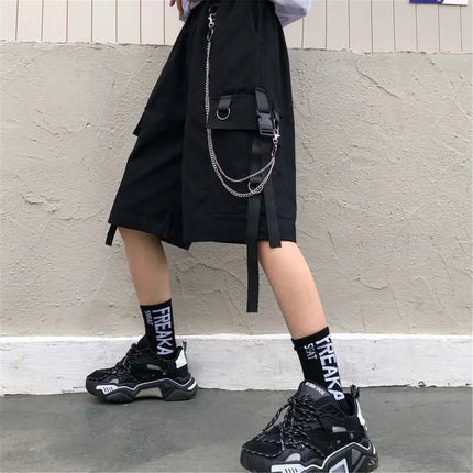 2026 Black Shorts With Chain Summer Casual Fashion Boardshort Bermuda Male Drawstring Elastic Waist With Chain Beach Shorts Men