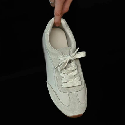 Ins Fashion Suede Leather Women Sneakers Lace Up Flat Shoes Genuine Leather  Ladies Flats Casual Shoes