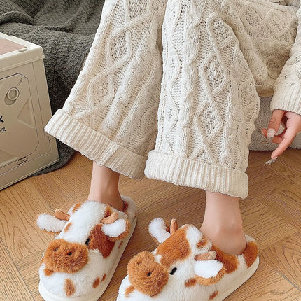 Pallene Cow milk Fuzzy Slippers Women Winter Cartoon Fur Slippers Soft Cozy Plush House Shoes Female Bedroom Cute Furry Slides