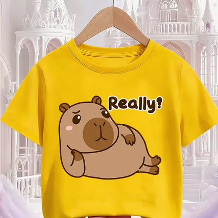 Cute Kawaii Capybara Crew Neck T Shirt Summer 3-14Y Boys Girls Fashion Street Hot Cartoon Casual Children