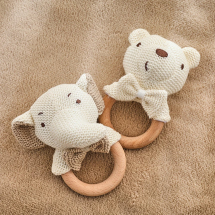 1PC Baby Rattle Toys Crochet Animal Cute Bear Toys Kawaii Wooden Teether Baby Cartoon Mobile Crib Wooden Newborn Rattle Toys