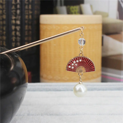Chinese Japanese Metal Hair Sticks With Tassels Exquisite Imitation Pearl Alloy Fan Pendant Hair Pins Clips Bun Maker Gifts