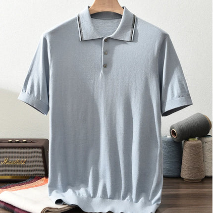 85% Silk+15% Cashmere Men's T-shirt Casual Solid Color Knitted Pullover Short-Sleeved Polo Neck Tees Basic Tops