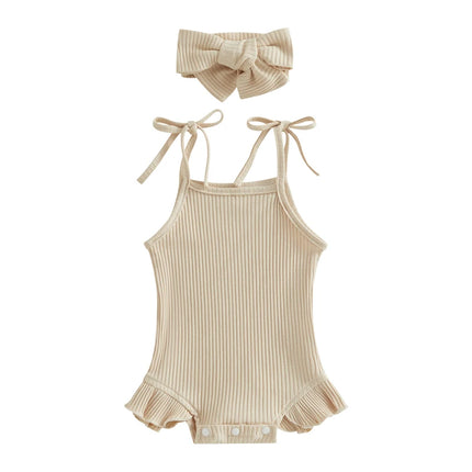 FOCUSNORM 0-18M Infant Baby Girls Sweet Romper Solid Color Knitted Ribbed Tie-Up Spaghetti Straps Sleeveless Ruffles Jumpsuits