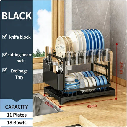 Premium Large-capacity 2-Tier Metal Dish Rack Drying Storage Shelf with Drain Tray for Kitchen