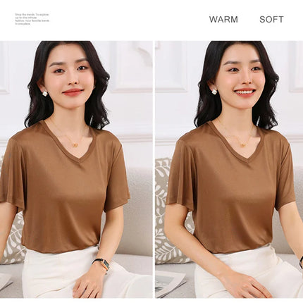 2026 Summer New Women's T-shirt V-neck Knitted Women's Short Sleeve High end Acetate Fiber White Fashion Women's Top